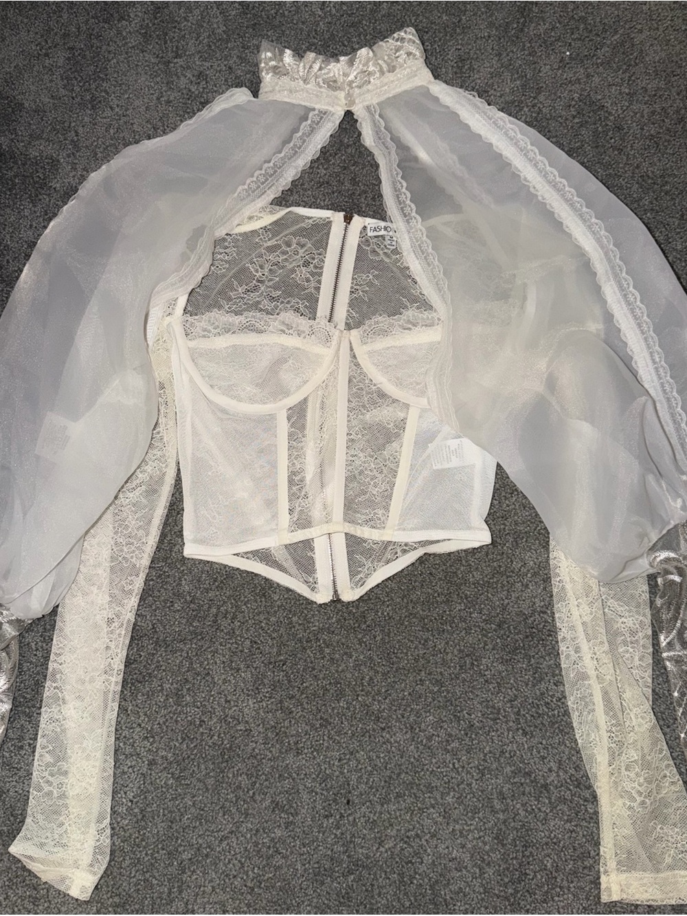 SHEIN Ivory Lace Corset Blouse with Sheer Bishop Sleeves